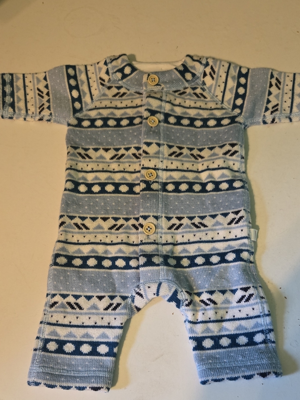 Striped Blue & White Knit Baby One-Piece with Button Front